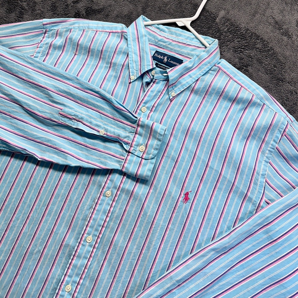 Ralph Lauren Button Down Shirt Mens 2XLT Blue Pink Striped Classic Fit Tall